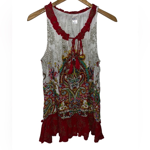 Bila Tops - Bila Tank Top Woman's Medium Ivory Red Peasant Ruffle Bohemian Rayon
